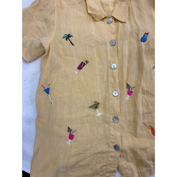 VTG Focus Medium- Yellow 100% Linen Button-Up Shirt W/ Tropical Embroidery - Picture 6 of 9